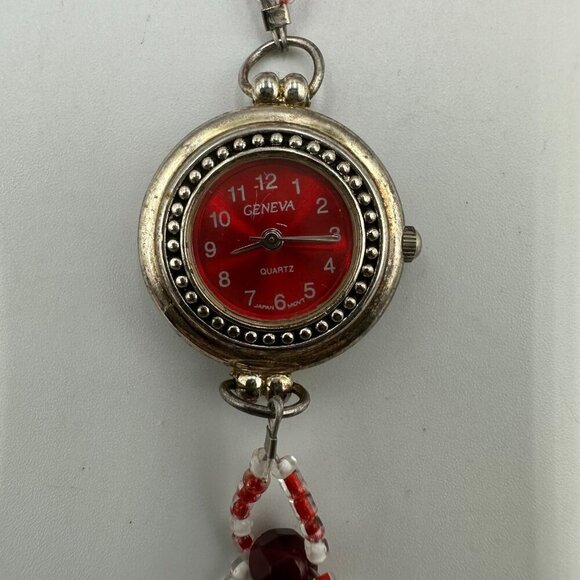 3/$30 Geneva Watch Women Silver Tone Red Dial Handmade Beaded Band 7.5" - Picture 1 of 12